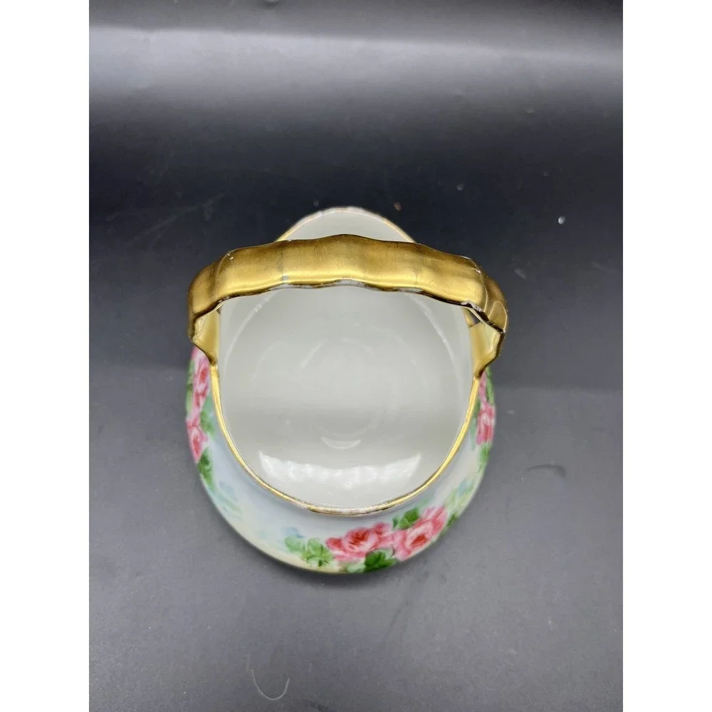 Antique Handmade/ Hand painted German Porcelain Gold Handle Basket w Roses
